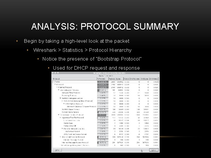 ANALYSIS: PROTOCOL SUMMARY • Begin by taking a high-level look at the packet •