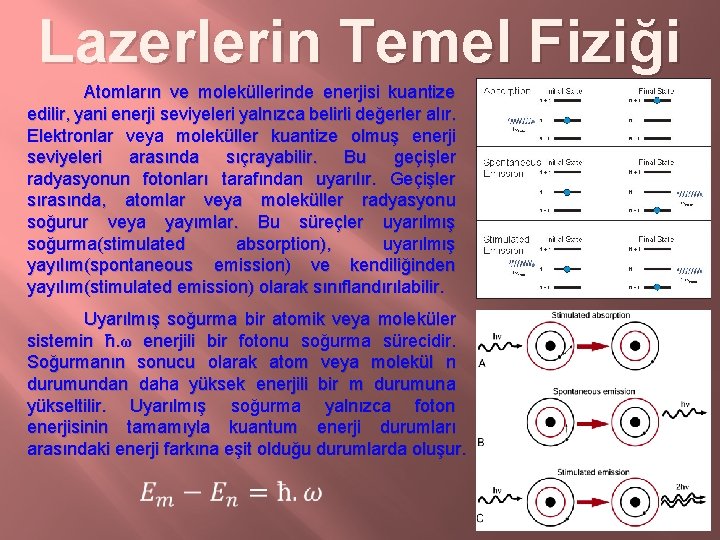 Lazerlerin Temel Fiziği Atomların ve moleküllerinde enerjisi kuantize edilir, yani enerji seviyeleri yalnızca belirli