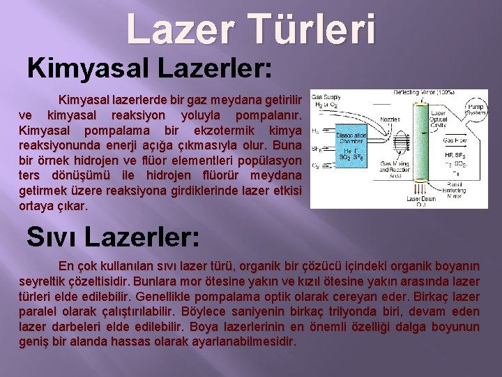 Lazer Türleri Kimyasal Lazerler: Kimyasal lazerlerde bir gaz meydana getirilir ve kimyasal reaksiyon yoluyla