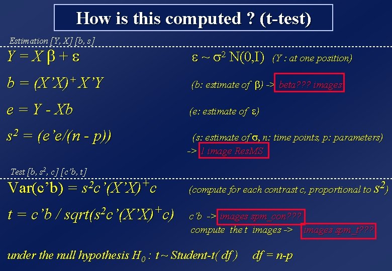 How is this computed ? (t-test) Estimation [Y, X] [b, s] Y=Xb+e e ~