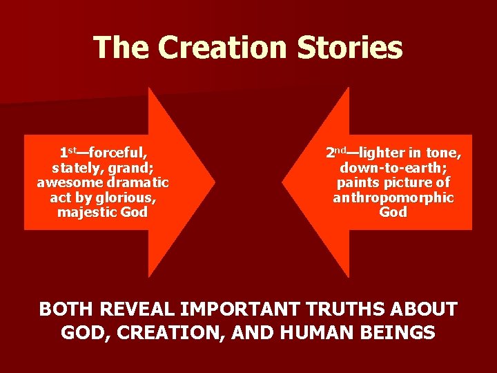 The Creation Stories 1 st—forceful, stately, grand; awesome dramatic act by glorious, majestic God
