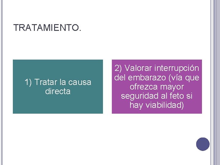 TRATAMIENTO. 1) Tratar la causa directa 2) Valorar interrupción del embarazo (vía que ofrezca