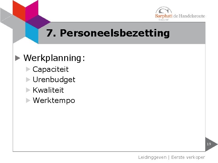 7. Personeelsbezetting Werkplanning: Capaciteit Urenbudget Kwaliteit Werktempo 19 Leidinggeven | Eerste verkoper 7. Personeelsbezetting Werkplanning: Capaciteit Urenbudget Kwaliteit Werktempo 19 Leidinggeven | Eerste verkoper