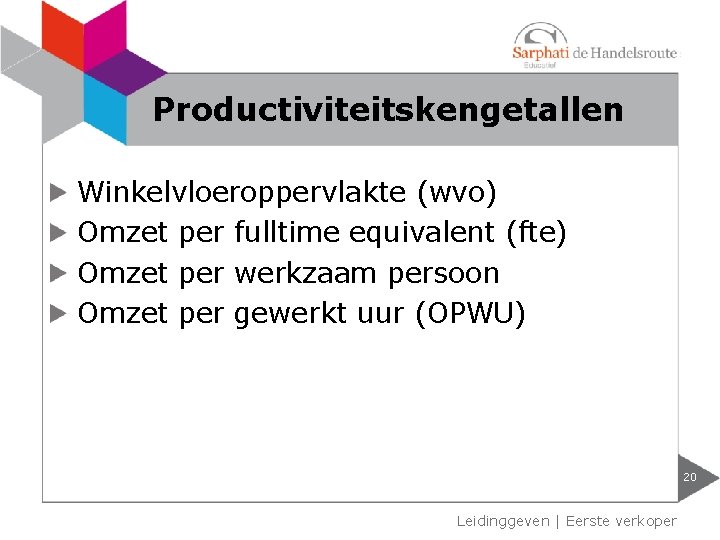 Productiviteitskengetallen Winkelvloeroppervlakte (wvo) Omzet per fulltime equivalent (fte) Omzet per werkzaam persoon Omzet per Productiviteitskengetallen Winkelvloeroppervlakte (wvo) Omzet per fulltime equivalent (fte) Omzet per werkzaam persoon Omzet per