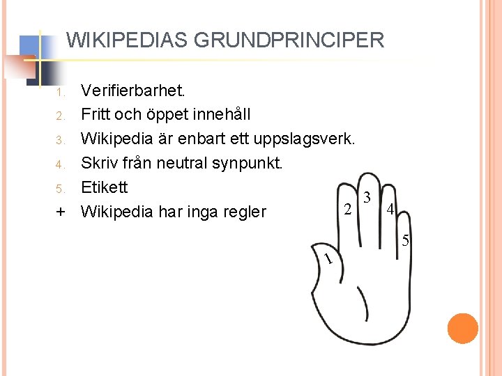 WIKIPEDIAS GRUNDPRINCIPER Verifierbarhet. 2. Fritt och öppet innehåll 3. Wikipedia är enbart ett uppslagsverk.
