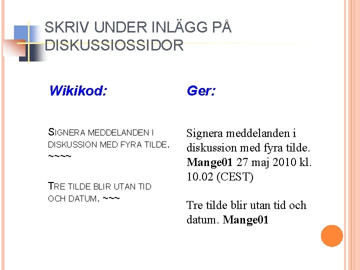 SKRIV UNDER INLÄGG PÅ DISKUSSIOSSIDOR Wikikod: Ger: SIGNERA MEDDELANDEN I Signera meddelanden i diskussion