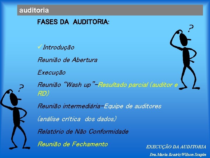 auditoria FASES DA AUDITORIA: üIntrodução Reunião de Abertura Execução Reunião “Wash up”-Resultado parcial (auditor