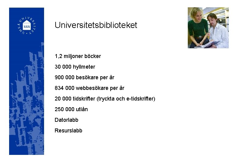 Universitetsbiblioteket 1, 2 miljoner böcker 30 000 hyllmeter 900 000 besökare per år 834