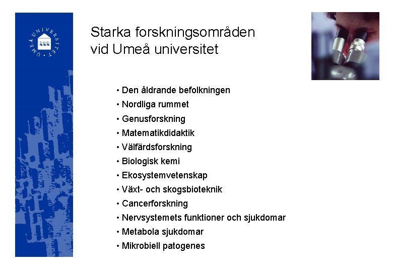 Starka forskningsområden vid Umeå universitet • Den åldrande befolkningen • Nordliga rummet • Genusforskning