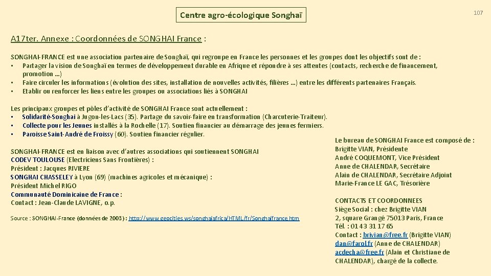 Centre agro-écologique Songhaï 107 A 17 ter. Annexe : Coordonnées de SONGHAI France :