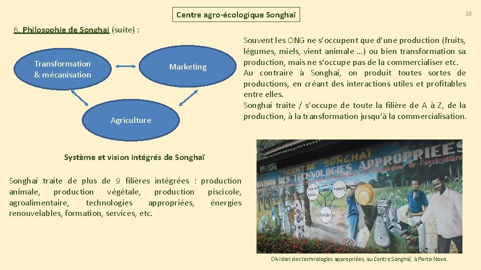 Centre agro-écologique Songhaï 6. Philosophie de Songhai (suite) : Transformation & mécanisation Marketing Agriculture