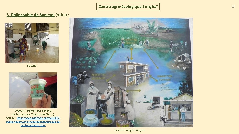 Centre agro-écologique Songhaï 6. Philosophie de Songhai (suite) : Laiterie Yogourts produits par Songhaï