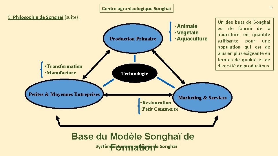 Centre agro-écologique Songhaï 19 6. Philosophie de Songhai (suite) : Production Primaire • Transformation
