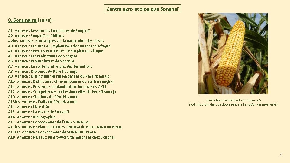 Centre agro-écologique Songhaï 0. Sommaire (suite) : A 1. Annexe : Ressources financières de