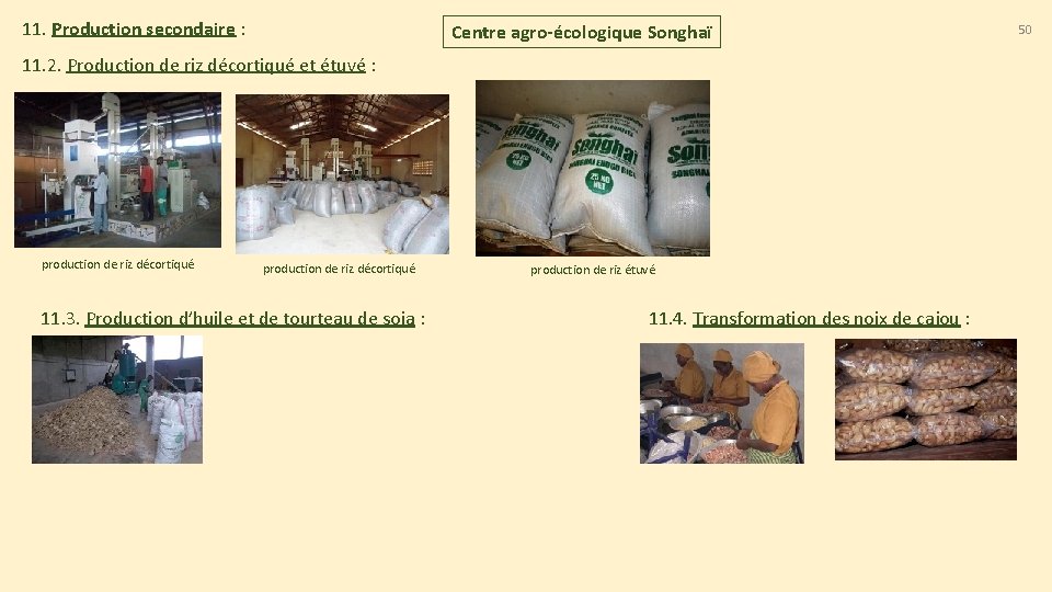 11. Production secondaire : Centre agro-écologique Songhaï 11. 2. Production de riz décortiqué et