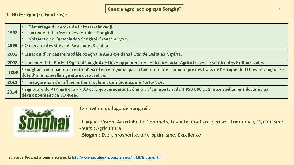 1. Historique (suite et fin) : Centre agro-écologique Songhaï 9 • Démarrage du centre