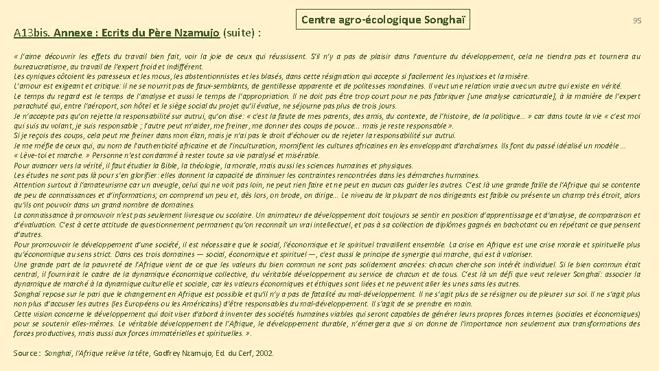 A 13 bis. Annexe : Ecrits du Père Nzamujo (suite) : Centre agro-écologique Songhaï