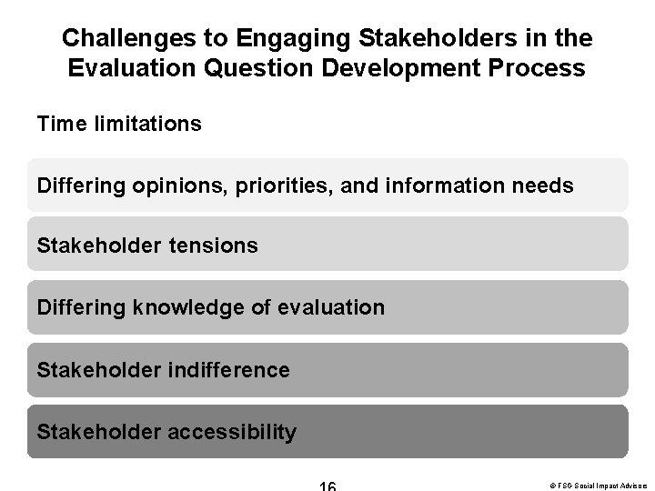 Challenges to Engaging Stakeholders in the Evaluation Question Development Process Time limitations Differing opinions,