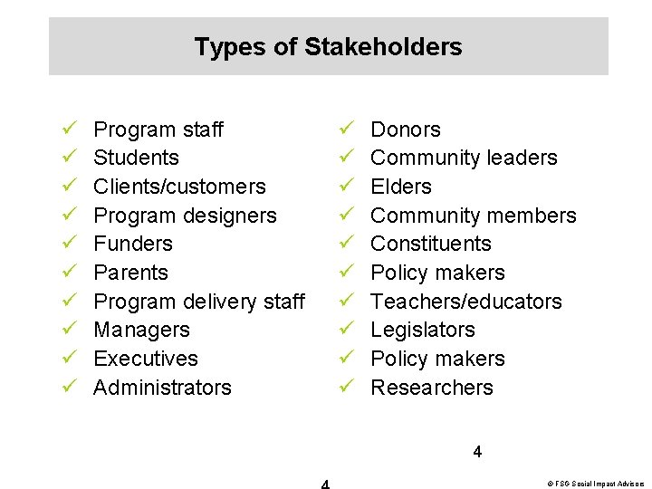 Types of Stakeholders ü ü ü ü ü Program staff Students Clients/customers Program designers