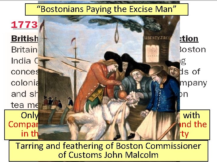 “Bostonians Paying the Excise Man” _____________ Only East India Colonists respond with Company can
