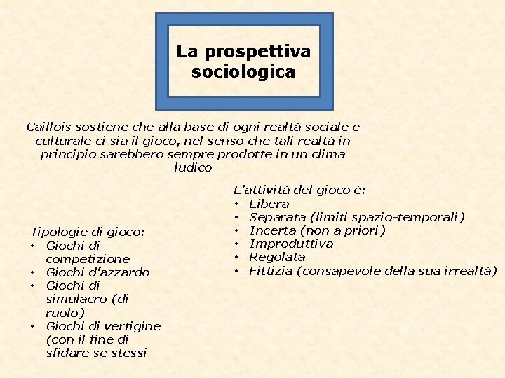 La prospettiva sociologica Caillois sostiene che alla base di ogni realtà sociale e culturale La prospettiva sociologica Caillois sostiene che alla base di ogni realtà sociale e culturale