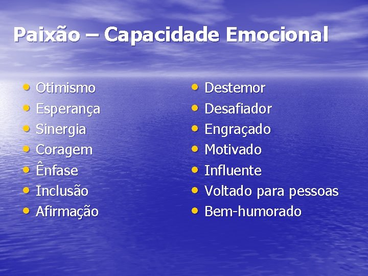 Paixão – Capacidade Emocional • Otimismo • Esperança • Sinergia • Coragem • Ênfase
