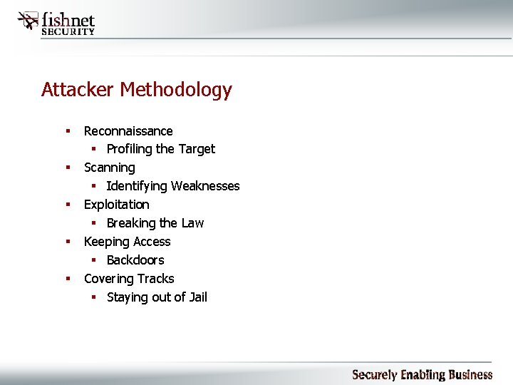 Attacker Methodology § § § Reconnaissance § Profiling the Target Scanning § Identifying Weaknesses