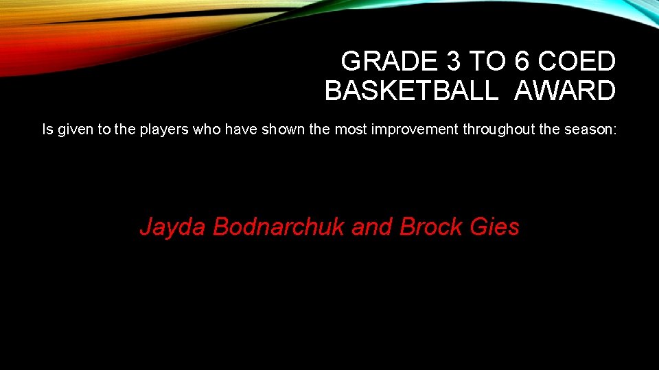GRADE 3 TO 6 COED BASKETBALL AWARD Is given to the players who have