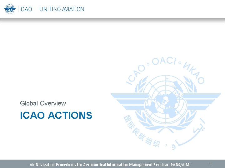 Global Overview ICAO ACTIONS Air Navigation Procedures for Aeronautical Information Management Seminar (PANS/AIM) 5