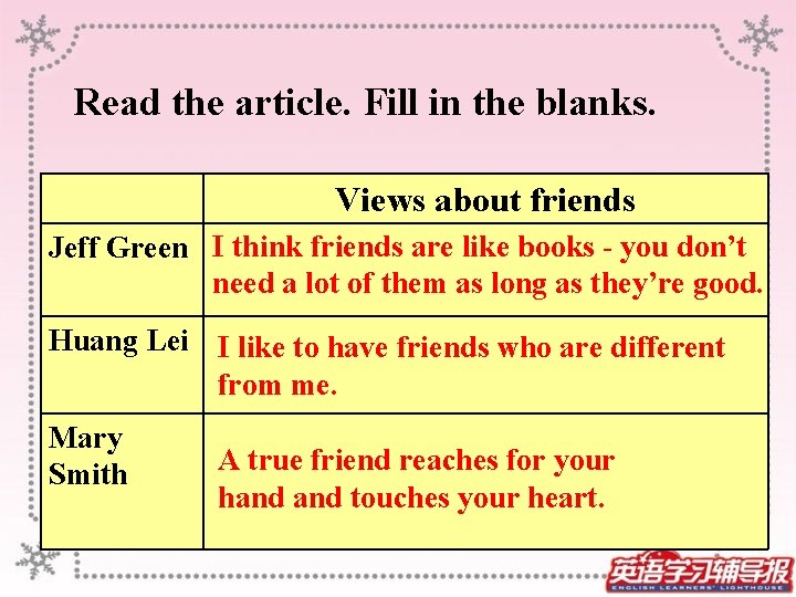  Read the article. Fill in the blanks. Views about friends Jeff Green I