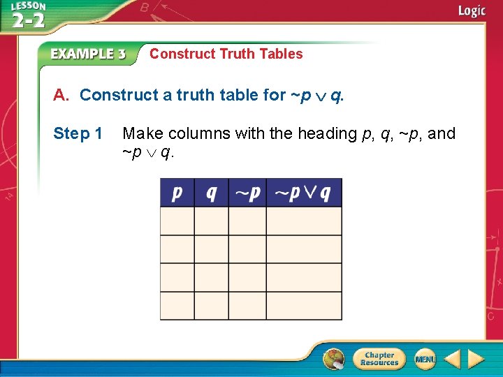 Construct Truth Tables A. Construct a truth table for ~p q. Step 1 Make Construct Truth Tables A. Construct a truth table for ~p q. Step 1 Make