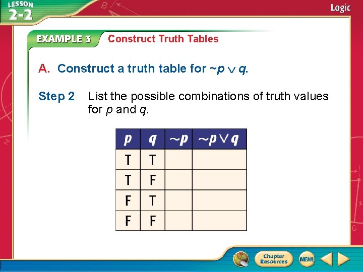 Construct Truth Tables A. Construct a truth table for ~p q. Step 2 List Construct Truth Tables A. Construct a truth table for ~p q. Step 2 List