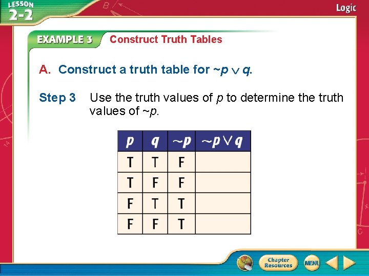 Construct Truth Tables A. Construct a truth table for ~p q. Step 3 Use Construct Truth Tables A. Construct a truth table for ~p q. Step 3 Use