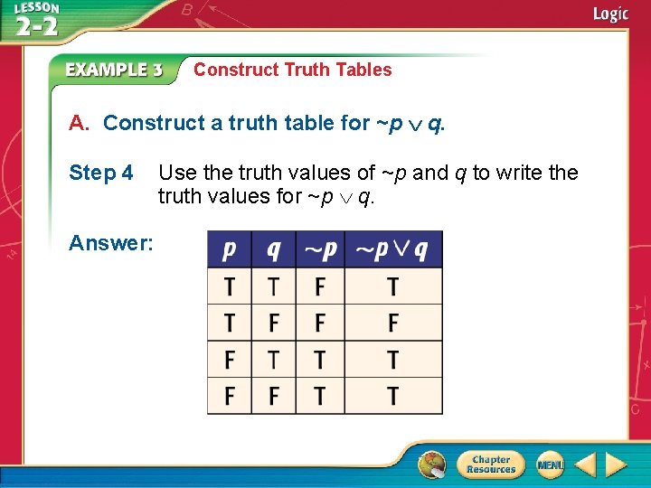 Construct Truth Tables A. Construct a truth table for ~p q. Step 4 Answer: Construct Truth Tables A. Construct a truth table for ~p q. Step 4 Answer: