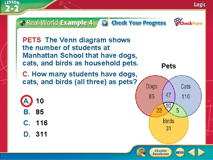 PETS The Venn diagram shows the number of students at Manhattan School that have PETS The Venn diagram shows the number of students at Manhattan School that have