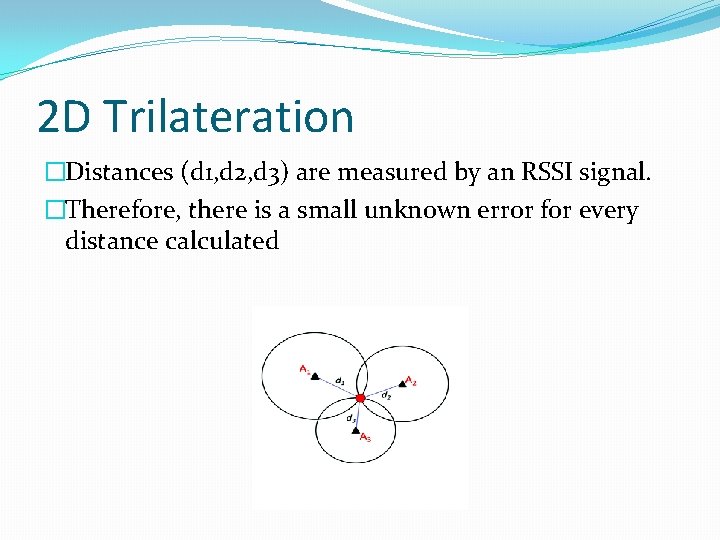 2 D Trilateration �Distances (d 1, d 2, d 3) are measured by an