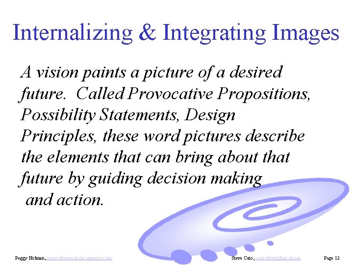 Internalizing & Integrating Images A vision paints a picture of a desired future. Called