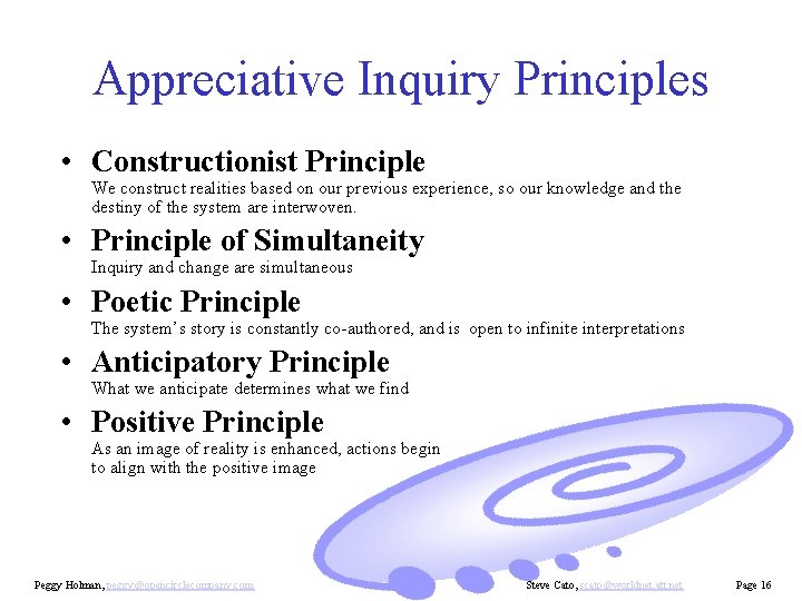 Appreciative Inquiry Principles • Constructionist Principle We construct realities based on our previous experience,
