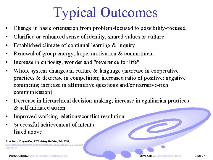 Typical Outcomes • • • Change in basic orientation from problem-focused to possibility-focused Clarified