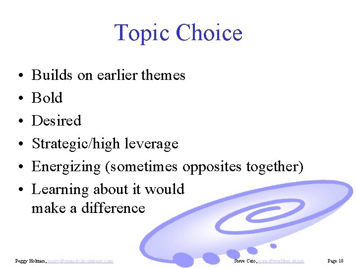 Topic Choice • • • Builds on earlier themes Bold Desired Strategic/high leverage Energizing