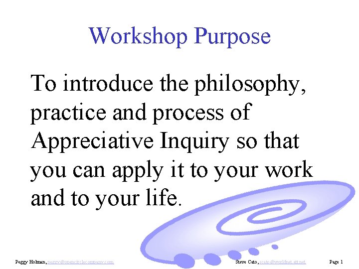 Workshop Purpose To introduce the philosophy, practice and process of Appreciative Inquiry so that