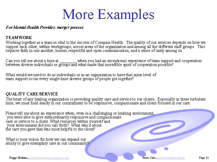 More Examples For Mental Health Provider, merger process TEAMWORK Working together as a team