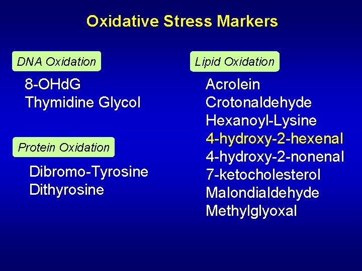 Oxidative Stress Markers DNA Oxidation 8 -OHd. G Thymidine Glycol Protein Oxidation Dibromo-Tyrosine Dithyrosine Oxidative Stress Markers DNA Oxidation 8 -OHd. G Thymidine Glycol Protein Oxidation Dibromo-Tyrosine Dithyrosine