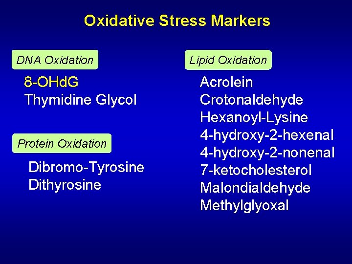 Oxidative Stress Markers DNA Oxidation 8 -OHd. G Thymidine Glycol Protein Oxidation Dibromo-Tyrosine Dithyrosine Oxidative Stress Markers DNA Oxidation 8 -OHd. G Thymidine Glycol Protein Oxidation Dibromo-Tyrosine Dithyrosine