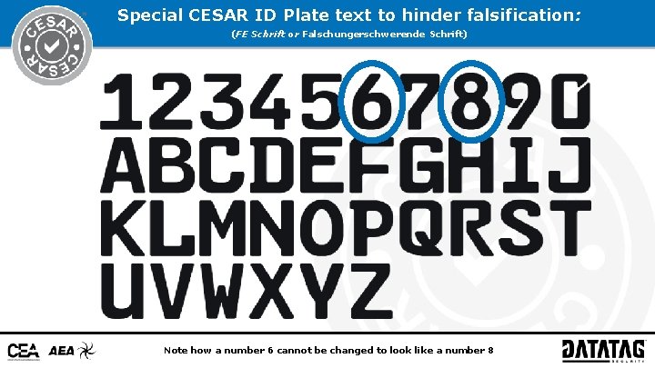 Special CESAR ID Plate text to hinder falsification: (FE Schrift or Falschungerschwerende Schrift) Note