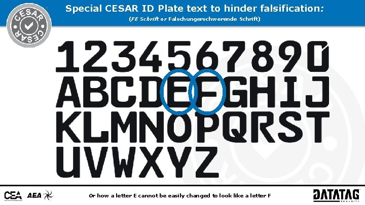 Special CESAR ID Plate text to hinder falsification: (FE Schrift or Falschungerschwerende Schrift) Or