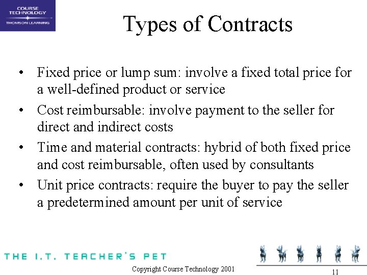 Types of Contracts • Fixed price or lump sum: involve a fixed total price Types of Contracts • Fixed price or lump sum: involve a fixed total price