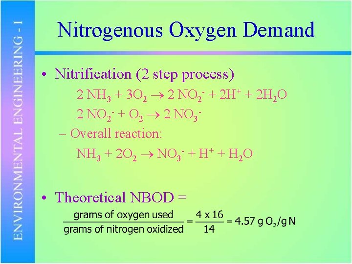 Nitrogenous Oxygen Demand • Nitrification (2 step process) 2 NH 3 + 3 O