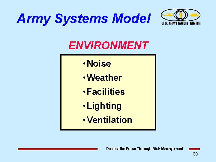 Army Systems Model ENVIRONMENT • Noise • Weather • Facilities • Lighting • Ventilation Army Systems Model ENVIRONMENT • Noise • Weather • Facilities • Lighting • Ventilation
