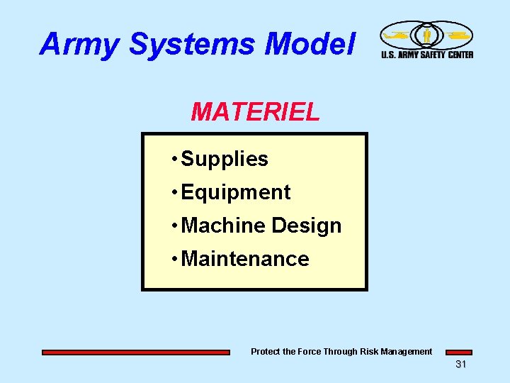 Army Systems Model MATERIEL • Supplies • Equipment • Machine Design • Maintenance Protect Army Systems Model MATERIEL • Supplies • Equipment • Machine Design • Maintenance Protect